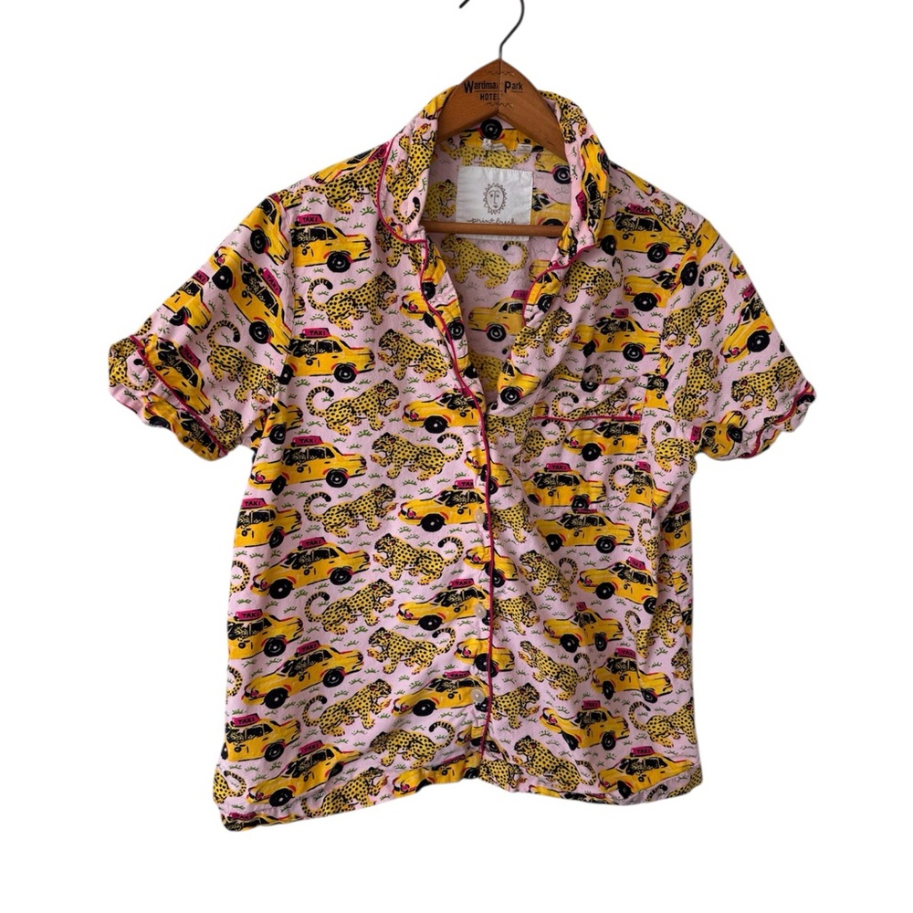 Printfresh Button Up Shirt XS Pink Yellow Taxi Leopard Print Cotton Top